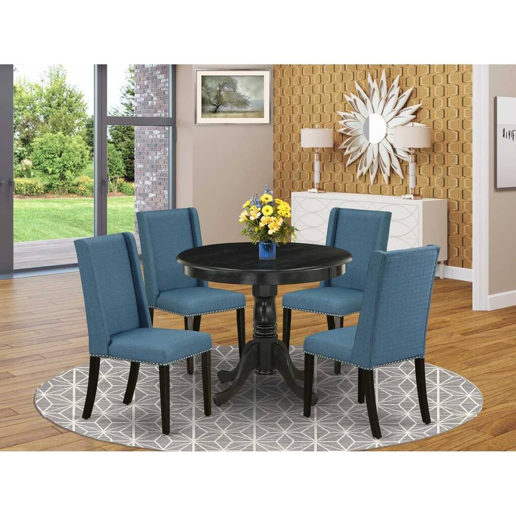 HomeStock 5-Piece Round Wirebrushed Black Finish Solid Wood Top Dining table with 4-Chairs with Lattice Back