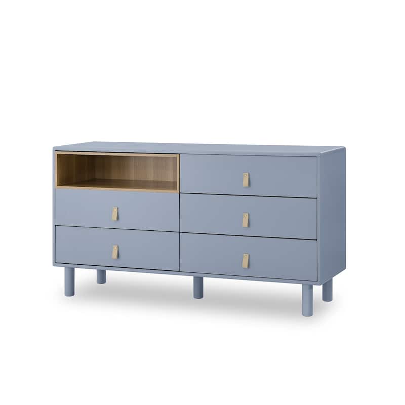 Modern 5 Drawer 55.12 in. Dresser Wood Storage Cabinet with Leather Handle, Open Shelf Drawer Cabinet