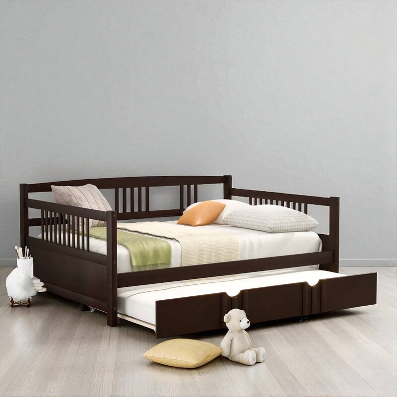 Twin/Full Size Wood Daybed with Twin Trundle, Sofa Bed Frame with Rails and Pull-Out Guest Bed - Espresso - Full