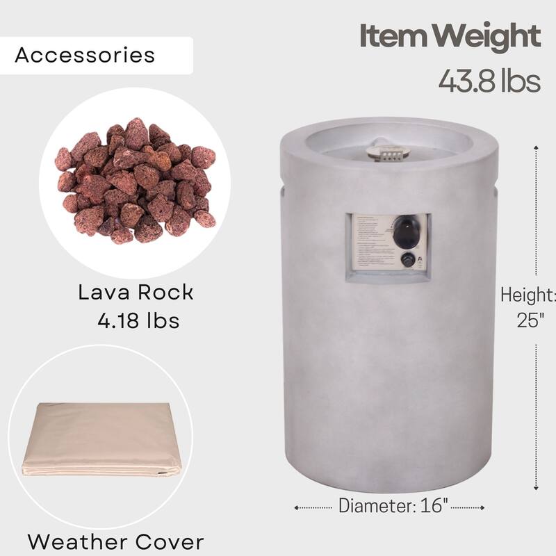 16 Inches Outdoor Round Propane Fire Pit 30,000 Btu with Lava Rocks TerraFab Concrete Look