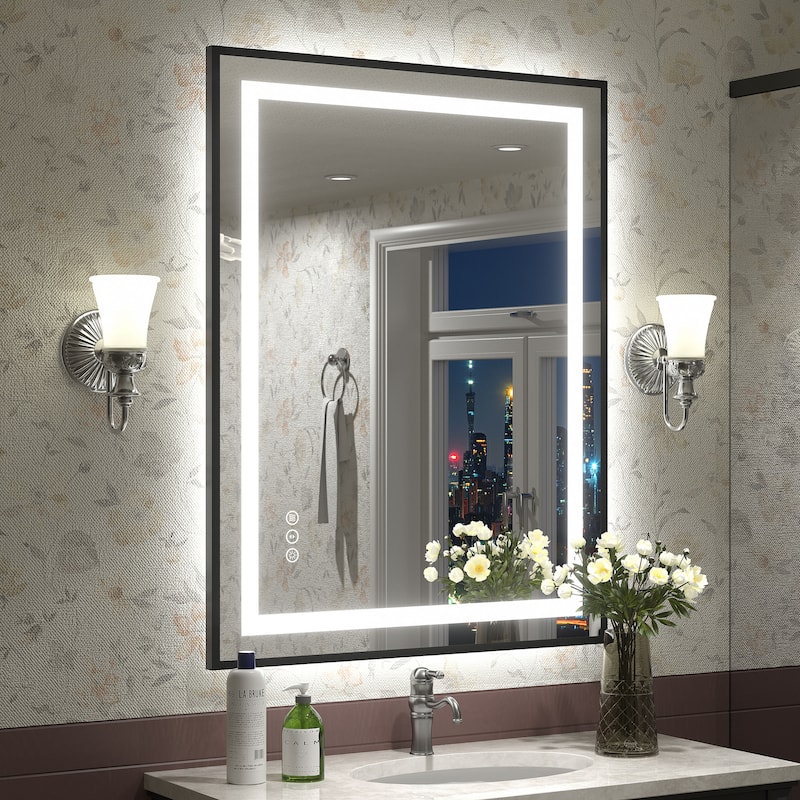 Black Metal Framed LED Front Light and Backlit Anti-Fog Wall Bathroom/ Vanity Mirror - 36" x 28"-Square Corner - Black