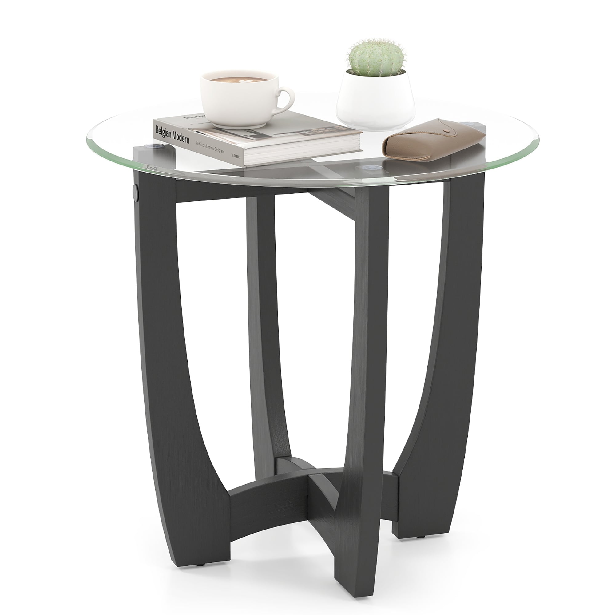 Gymax 23.5'' Round Side Table w/ Glass Tabletop Cross-shaped Solid