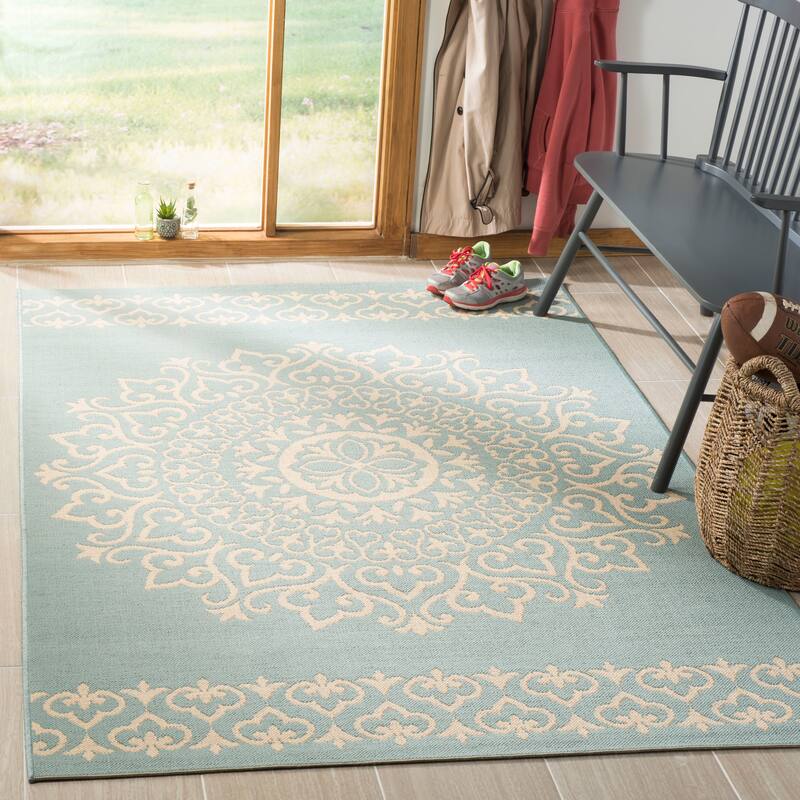 SAFAVIEH Linden Sotira Indoor/ Outdoor Waterproof Patio Backyard Rug - 5'3" x 7'6" - Cream/Aqua