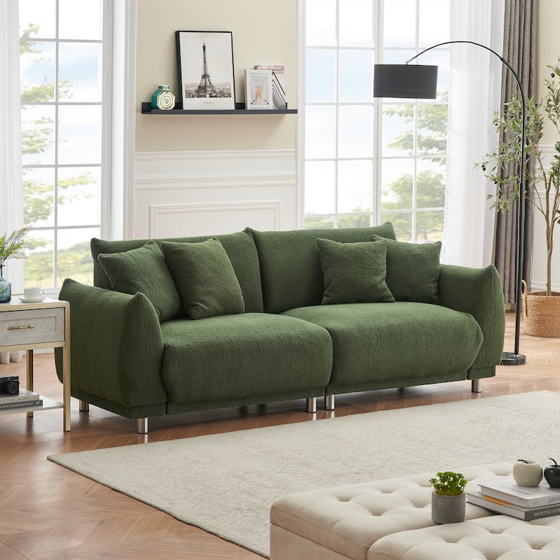Fabric Sofa Tufted Couch, Upholstered Deep Seat Sofa with 4 Throw Pillows, Modern Lounge Couch with Round Metal Legs