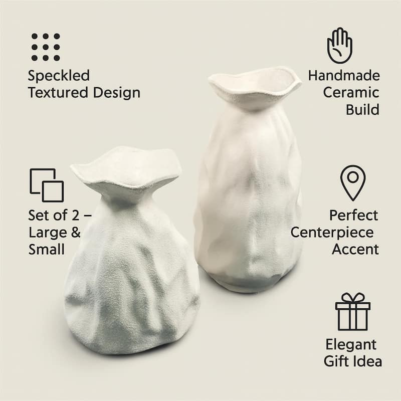 ARIA HOME White Ceramic Vase Artistic Paper Bag Inspired Design Set of 2