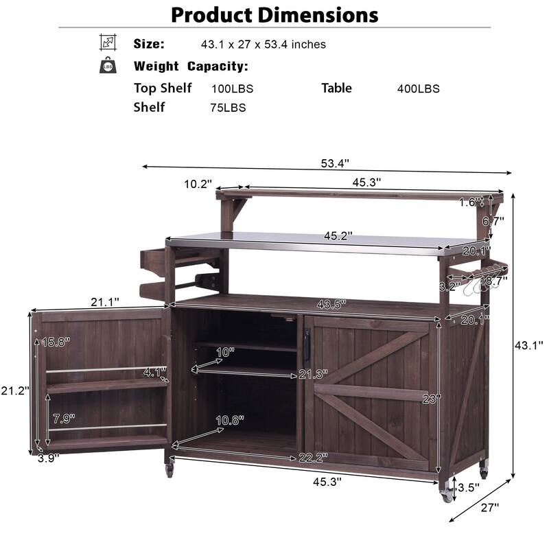 53" Outdoor Kitchen Island with Stainless Steel Top, Raised Shelf, Solid Wood Grill Cart with Storage Cabinet