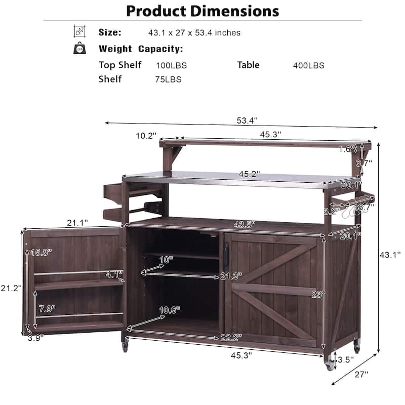 53.3" Outdoor Kitchen Island with Stainless Steel Top, Raised Shelf Solid Wood Storage Cabinet Outdoor Rolling Grill Cart
