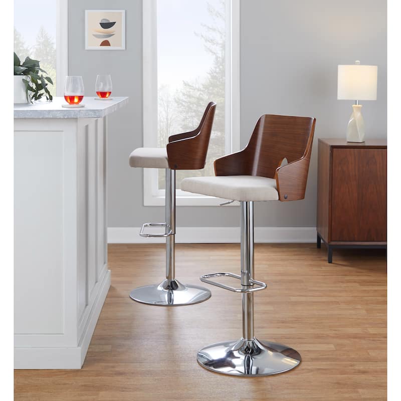 Carson Carrington Adrianna Adjustable Bar Stool with Rounded Rectangle Footrest (Set of 2) - Beige Fabric/Walnut Wood/Chrome Metal