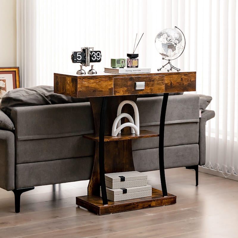 Gymax Console Sofa Table w/ Drawer and 2-Tier Shelves for Entryway