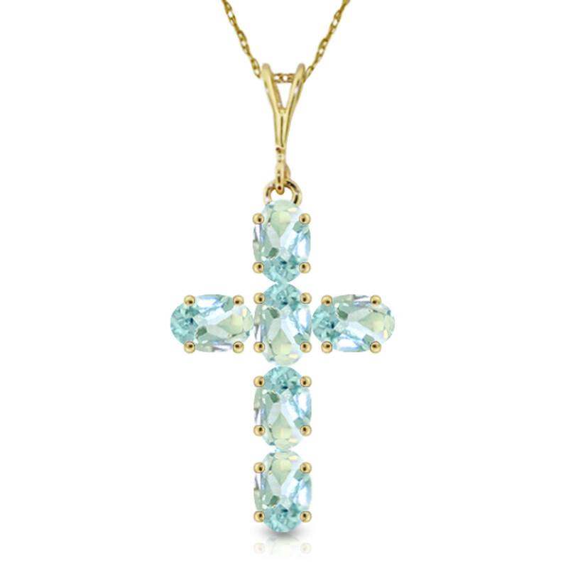1.5 Carat 14K Solid Gold Cross Gemstone Necklace Natural Aquamarine - 24 Inch - Yellow