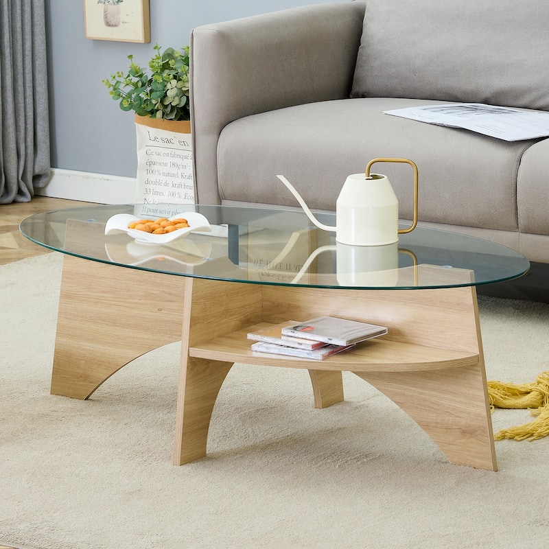 GDFStudio Elowen Tempered Glass Coffee Table with Wood Legs and Multi-Functional Design
