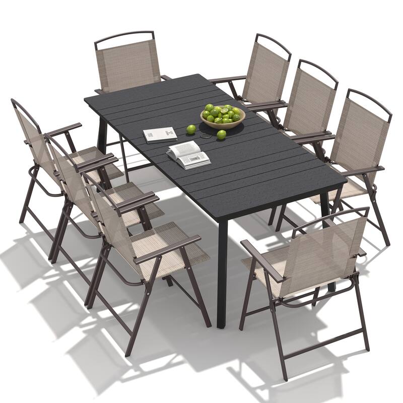9-Piece Outdoor Dining Set Rectangle Patio Dining Table with Umbrella Hole and Folding Chairs