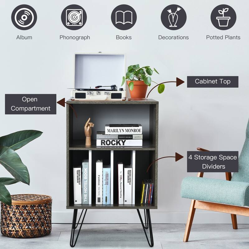 Freestanding Record Player Stand with Storage and Metal Legs