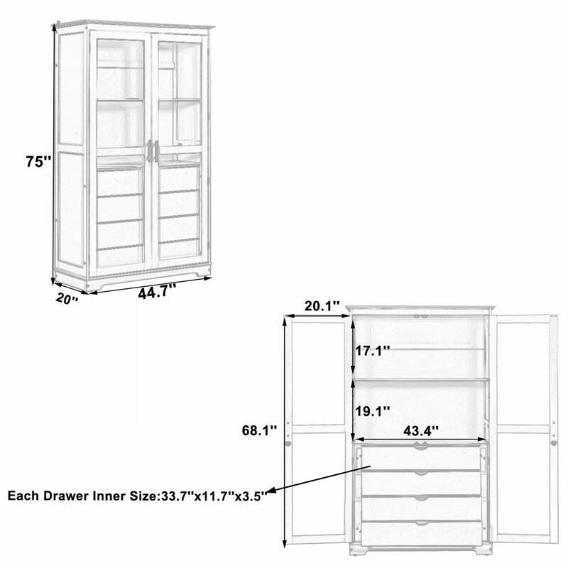 75" Tall Pine Wood Kitchen Pantry Cabinet with Glass Doors Four Drawers and Anti-Tipping Safety Features