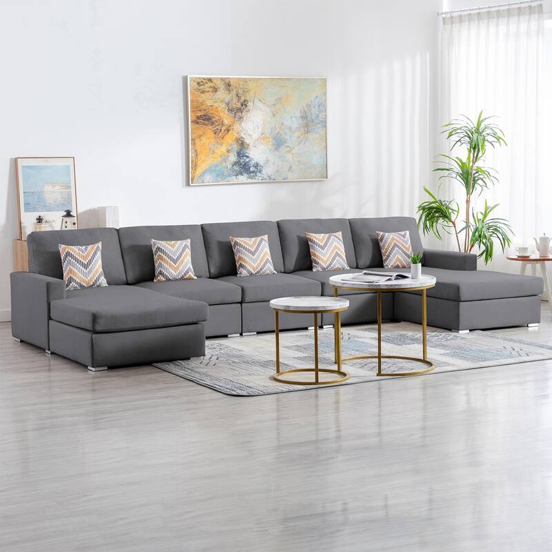 Linen Fabric 5 Piece Double Chaise Sectional Sofa with Pillows and Interchangeable Legs