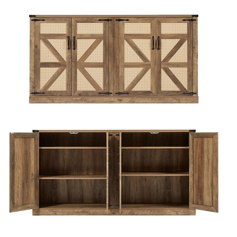 Farmhouse Buffet Cabinet, 65" Sideboard Buffet Cabinet, Rattan Storage Cabinet with 4 Doors - 64.96L*15.75W*34.05H