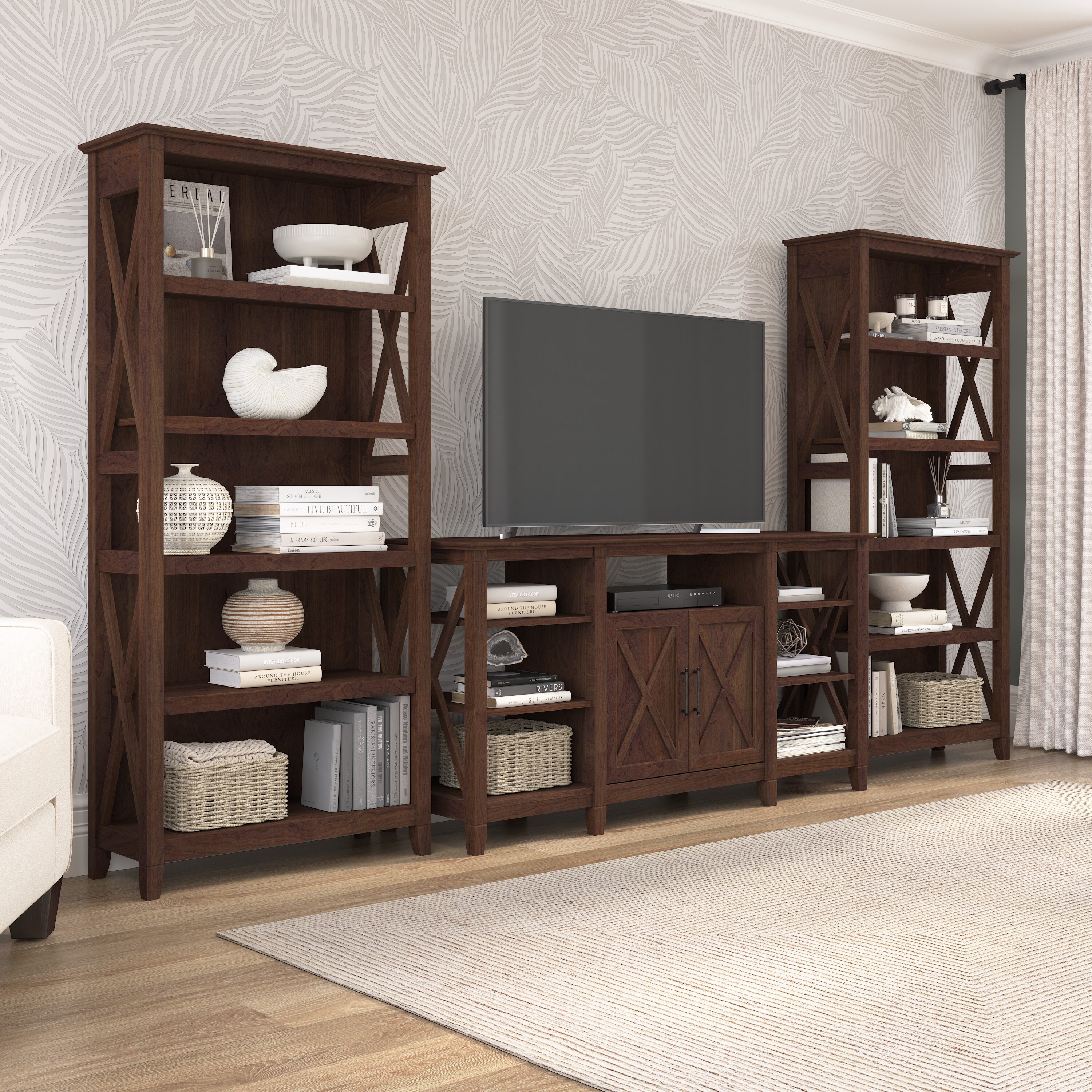Tall Farmhouse TV Stand with 2 Bookcases by Bush Furniture On