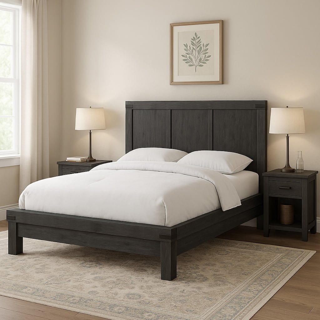 Gael King Size Bed, Acacia Wood, Panel Headboard, Wire Brushed Gray Finish