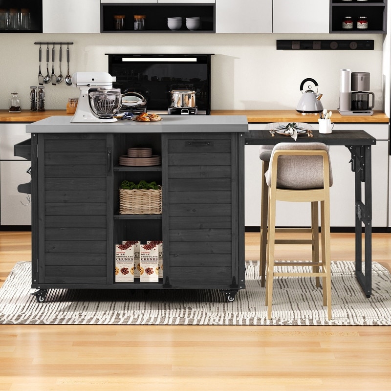 78.3" Outdoor Kitchen Island with Extendable Table, Trash Can Storage and Stainless Steel Top for BBQ Cooking