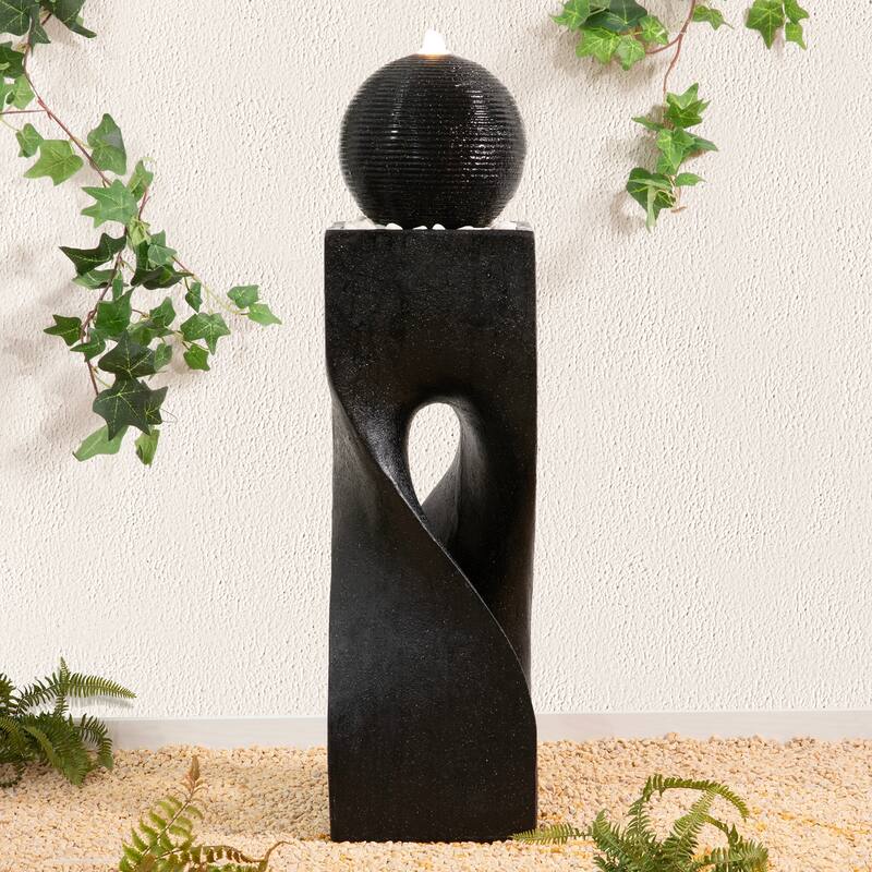 Glitzhome Modern Geometric Oversized Pedestal Sphere Polyresin Outdoor Floor Fountain with Pebbles