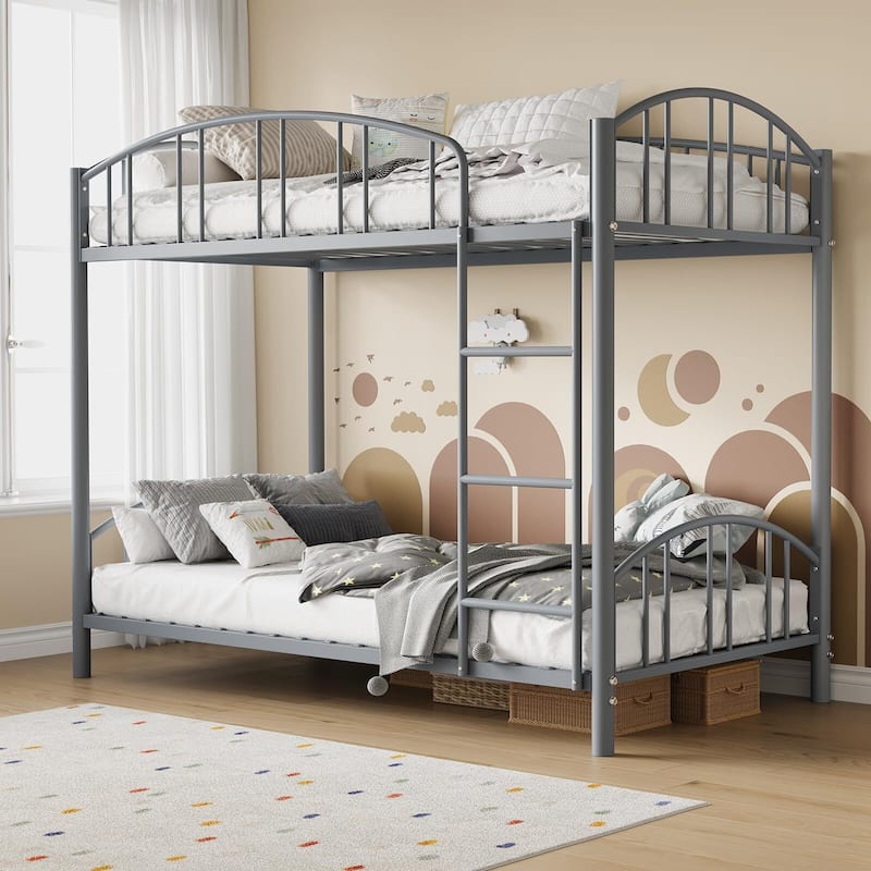 Metal Bunk Bed Twin Over Twin, with Arched Guardrail and Safety Ladder - Grey