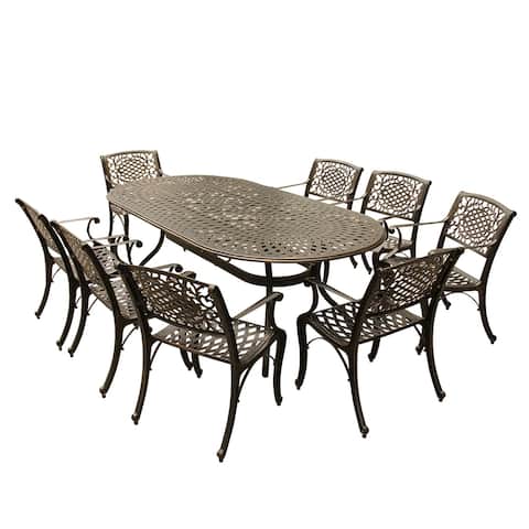 Outdoor Lattice 95-inch Bronze Oval Dining Set with Eight Arm Chairs