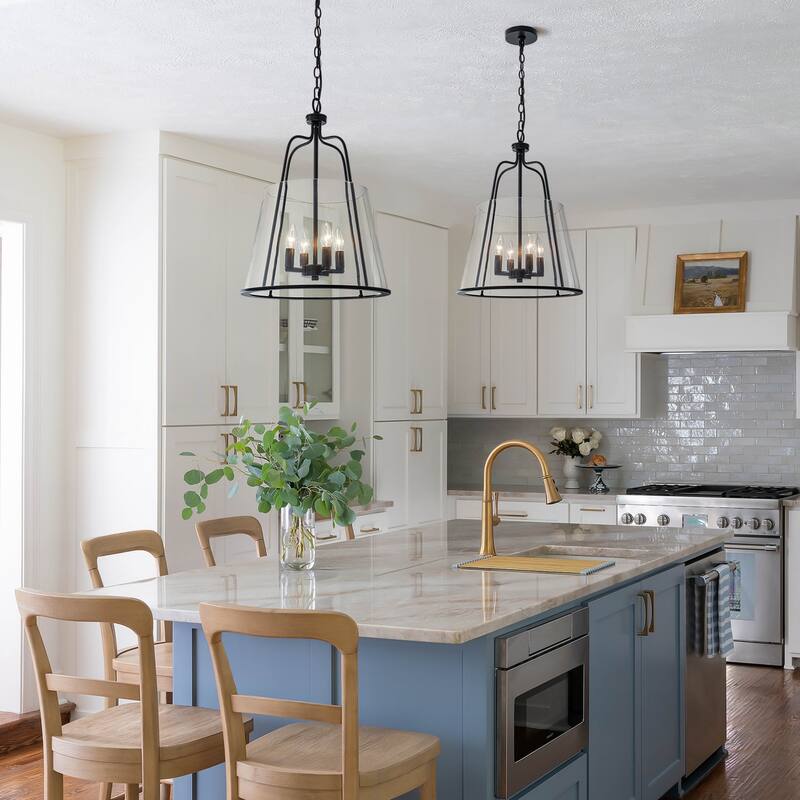 Industrial 4-Light Black Lantern Glass Pendant Light