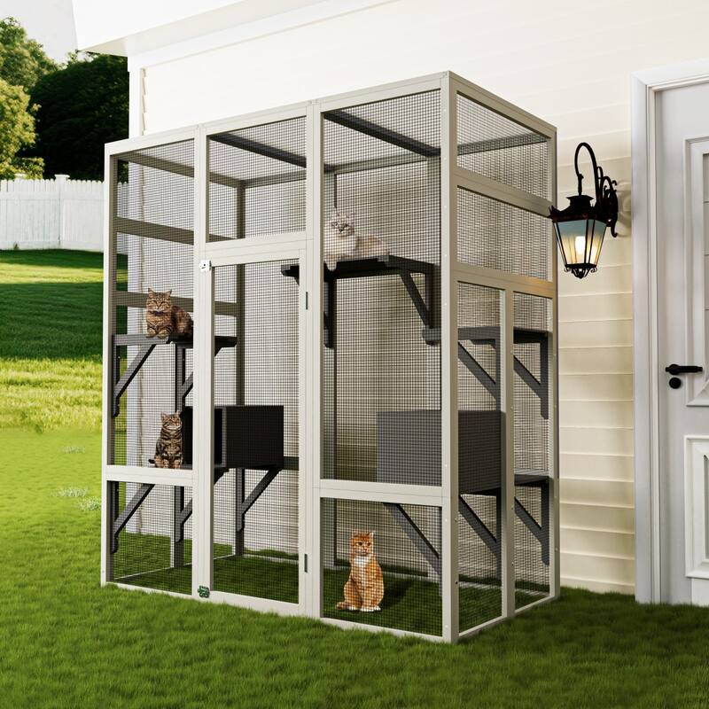 Large Gray Wooden Cat Enclosure with 5 Platforms & 2 Resting Boxes