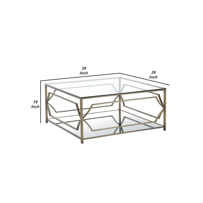 Square Coffee Table with Glass Top and Metal Frame, Brass