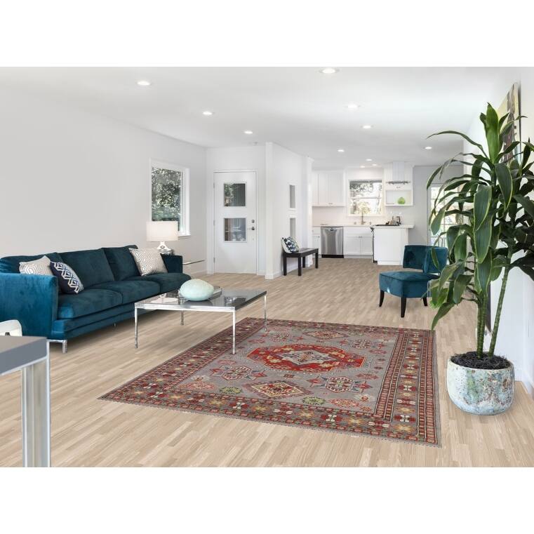 Gray Geometric Kazak Area Rug Living Room Handmade Wool Carpet - 5'7" x 7'3"