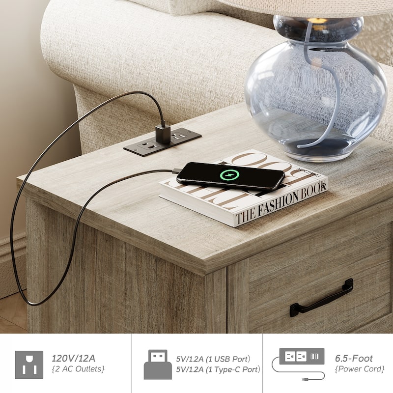 Nightstand with Charging Station, 2-Drawer End Table for Bedroom