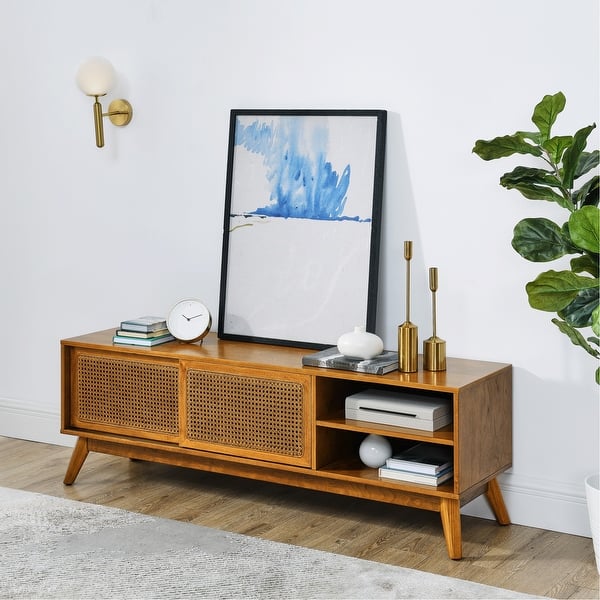 Mid Century Modern Rattan TV Stand for 65 Inch TV, Entertainment 