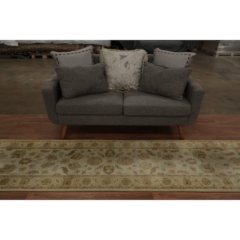 Hand Knotted Oriental 100% Wool Carpet Traditional Floral Beige & Ivories Peshawar Runner Rug - 13' 9'' X 2' 7''