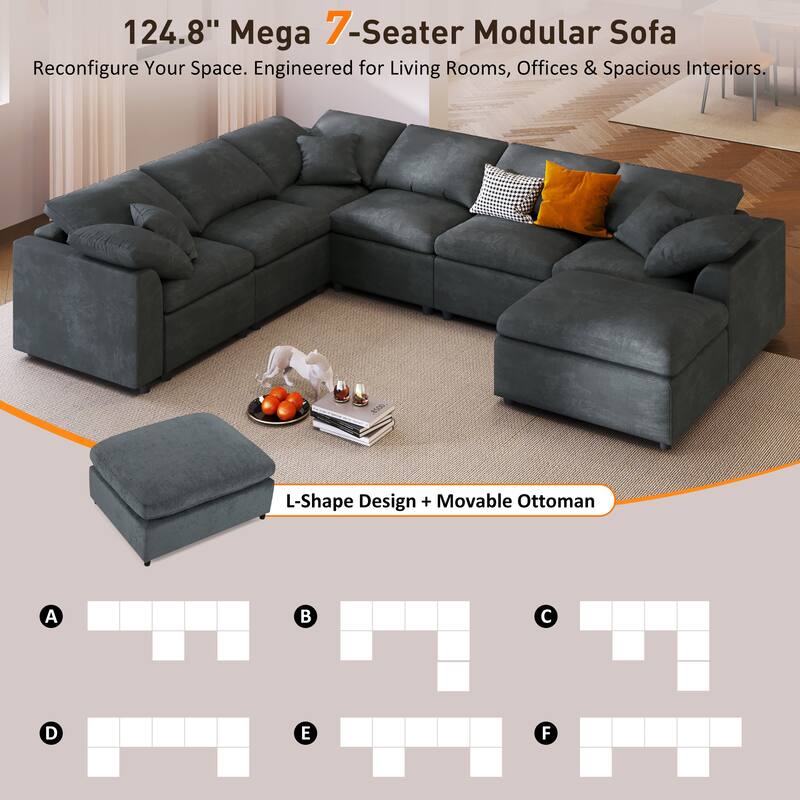 Oversized Modular Sectional Sofa, 7 Seater Corner Sofa, L-Shape Sofa Set with Movable Ottoman, Plush Chenille Fabric Large Sofa - Grey
