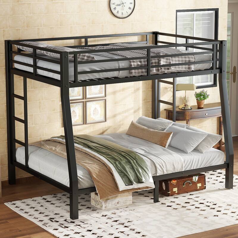 Roomfitters Full XL over Queen Metal Bunk Bed with Dual Ladders, Heavy Duty Steel Frame, Black