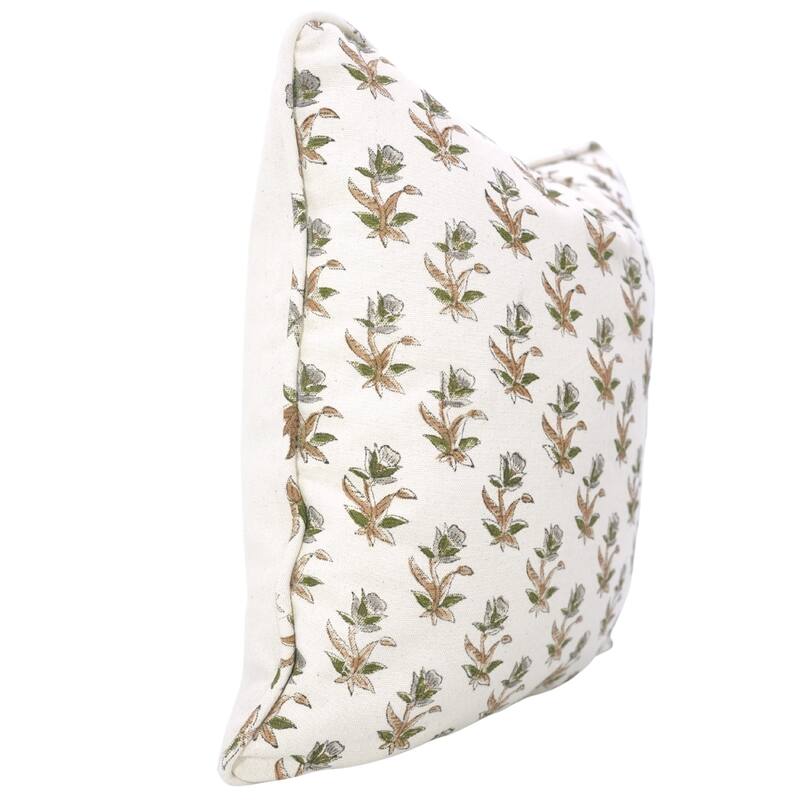 Fabdivine Handmade Floral Block Print Soft Pure Linen Fabric Pipine Pillow Cover Decorative Cushion Case - Pillow Covers - Coastal Tulip- Brown, Grey, Green - 16" x 16"