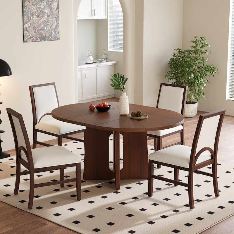 5-Piece Set, 57.3" Extendable Dining Table with 4 Upholstered Chairs