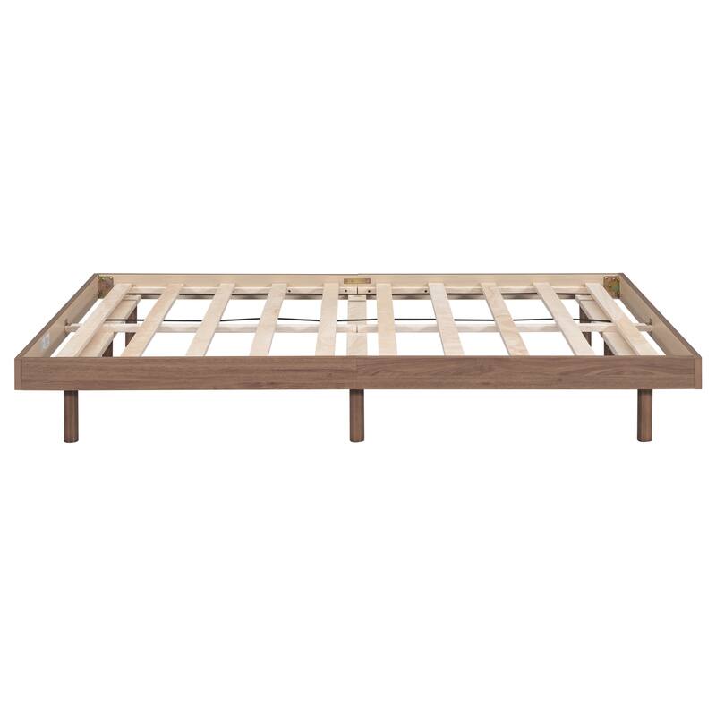 Brown Particle Board Full Floating Platform Bed Frame with Rubberwood Legs