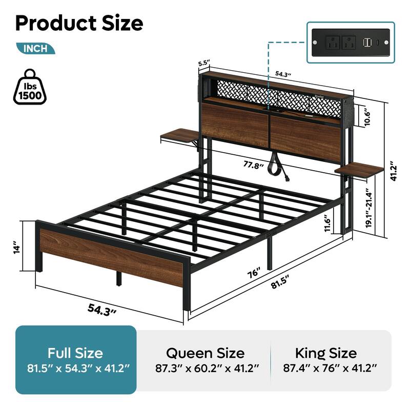 Platform Bed with LED Upholstered Storage Headboard Charge Station Foldable Bedside Shelf