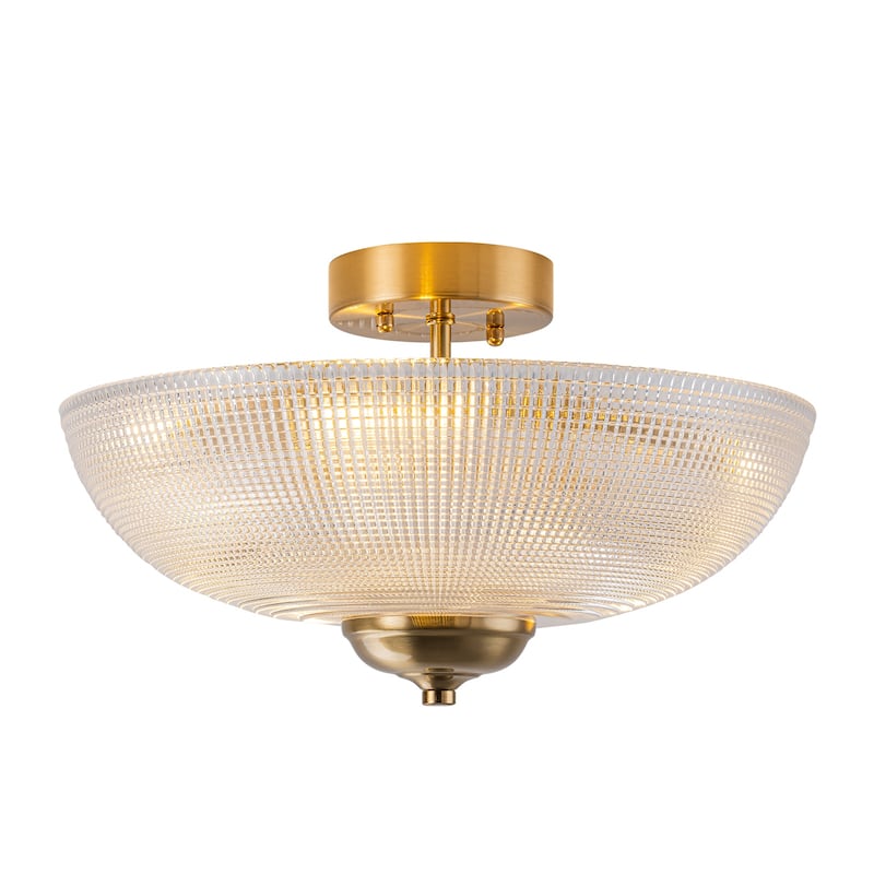 Industrial 3-Light Gold Semi Flush Mount Lights with Grid Textured Glass - Brass