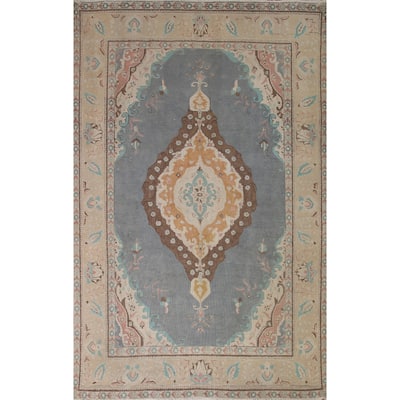Medallion Geometric Tabriz Persian Vintage Rug Handmade Wool Carpet - 6'6" x 9'6"