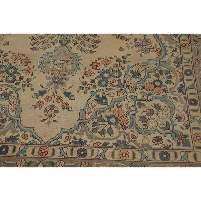 Hand Knotted Oriental 100% Wool Carpet Traditional Floral Beige & Ivories Tabriz Area Rug - 9' 3'' X 6' 2''