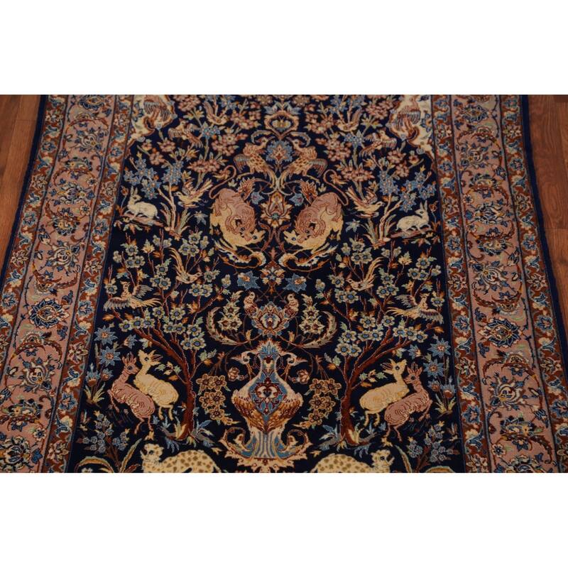 Vegetable Dye Blue Animals Isfahan Persian Vintage Wool Carpet - 3'4" x 5'3"