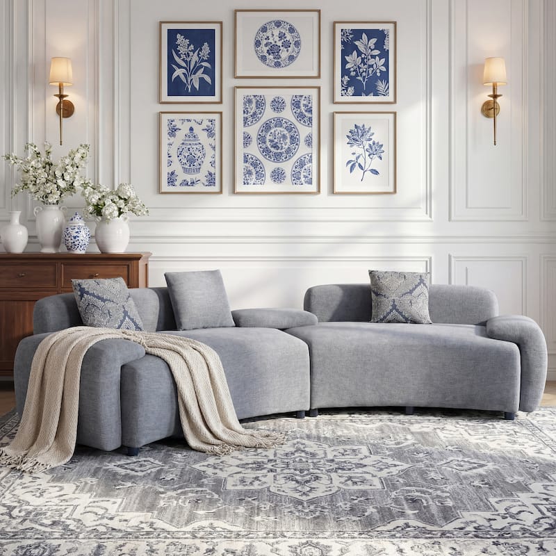 Christopher Knight Home - Lunaria 122" Modern Upholstered Curved Sofa with 2 Damask Pattern Pillows - Grey