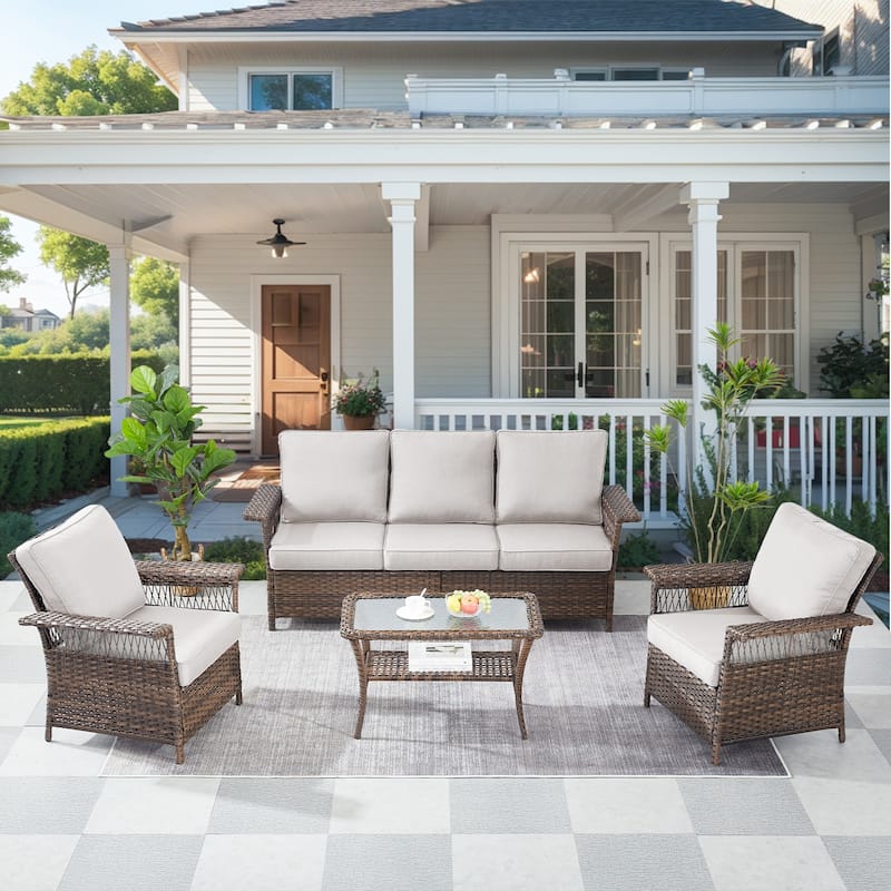 Outdoor Patio Chairs with 3-Seat Sofa Coffee Table - Beige - Brown