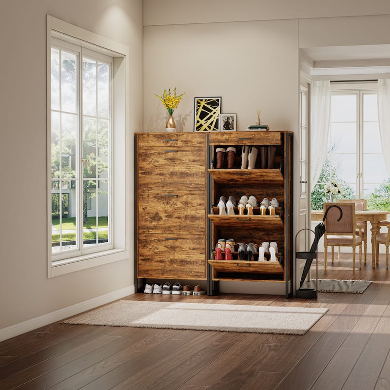 Hidden Wood Shoe Storage Cabinet, Narrow Shoe Cabinet with Drawers, 3-Tier 15 Pair Shoe Rack for Hallway, Entryway