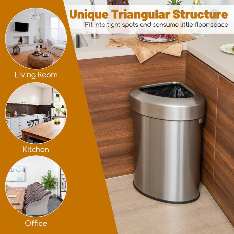 Gymax Stainless Steel Corner Trash Bin w/ Lid Large Open Top Anti-slip