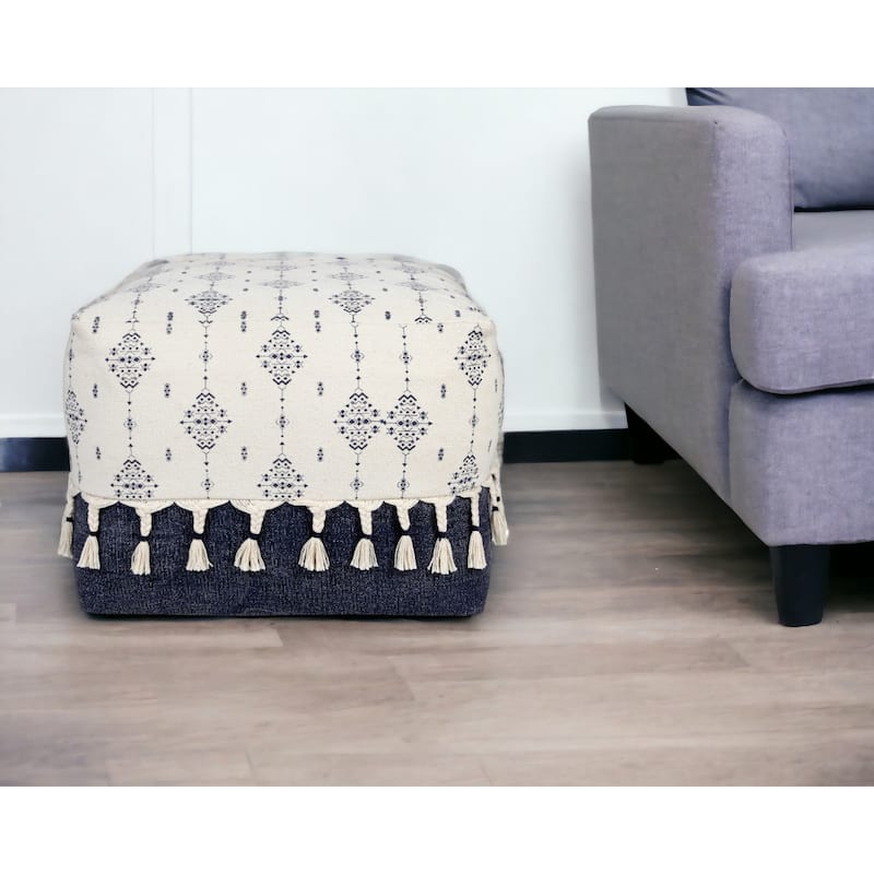Cotton Upholstered Pouf Ottoman 18” Square Medallion Pattern Footrest for Modern Living Room Seating - Natural-Navy-Blue