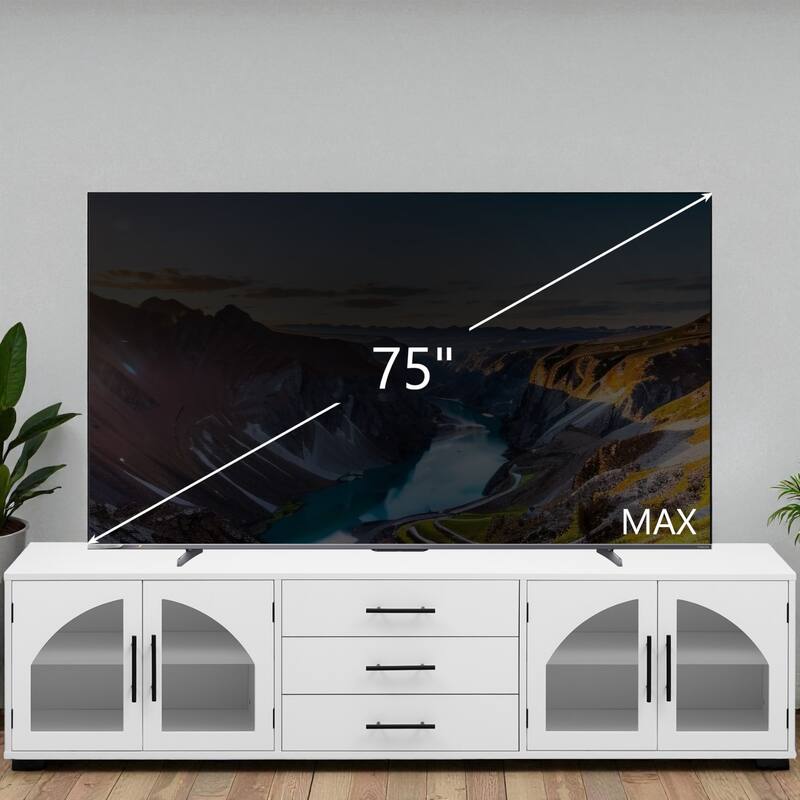 68.9'' Modern Minimalist TV Stand with Glass Doors, 3 Drawers & Adjustable Shelves, Fits TVs up to 75''