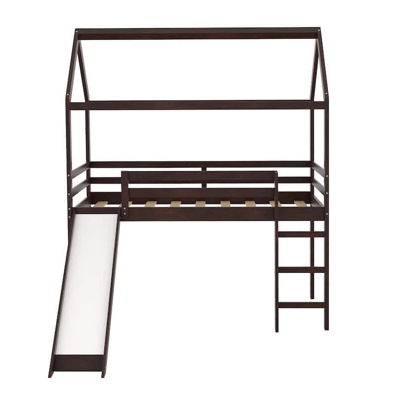 Twin Wood Loft Bed with Slide, House Bed with Slide Equipped with